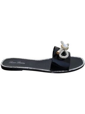 Lauren Lorraine Breeze Black Silver Gold Rhinestone Bow Jelly Slide Sandal  9